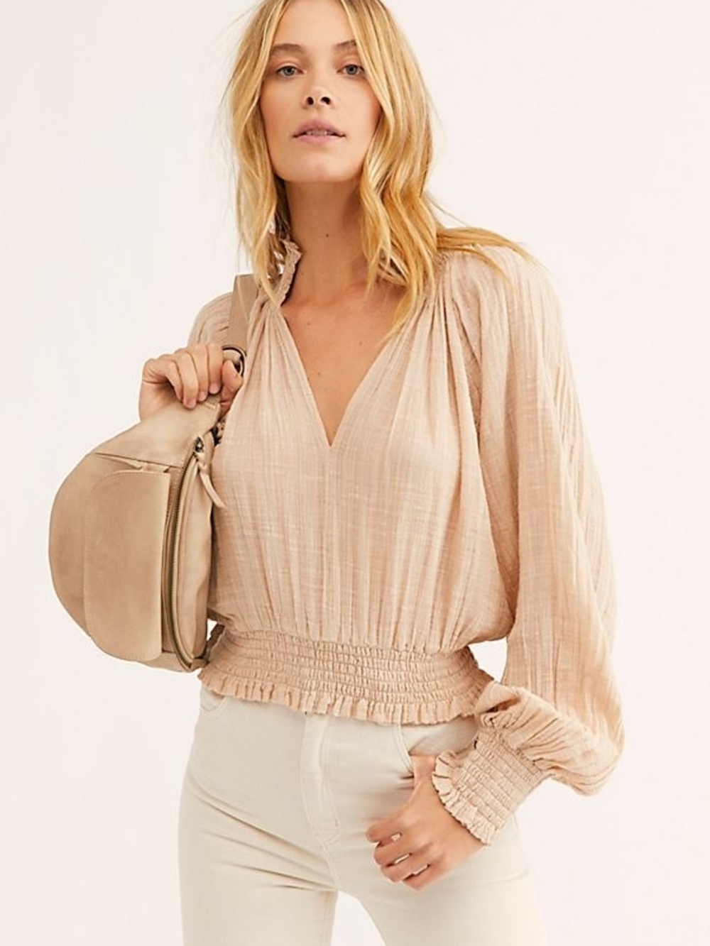 FREE PEOPLE | FP One Solid Smocked Top Ivory Cream Gauzy Boho Peasant Blouse | L